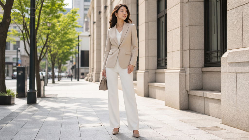 高身長女子がベージュのジャケットをバランスよく着こなすイメージ