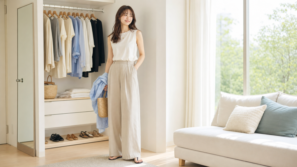 高身長女子がGU風の夏パンツコーデを明るい部屋で確認するイメージ