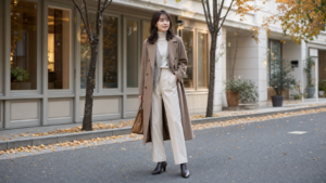 秋の街でロングコートとパンツを着こなす高身長女子