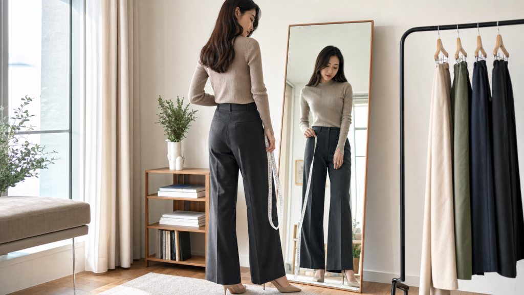 高身長女子が丈の合うパンツを鏡で確認する様子