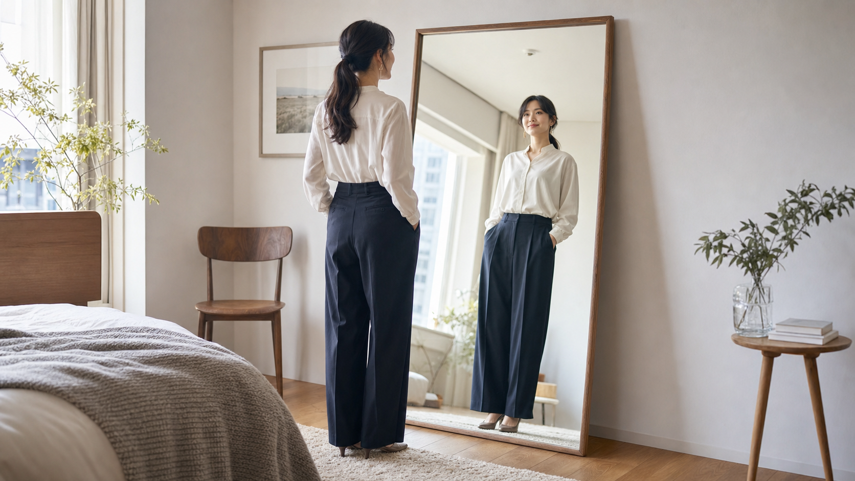 高身長女子が鏡で姿勢と服のバランスを確認するアイキャッチ