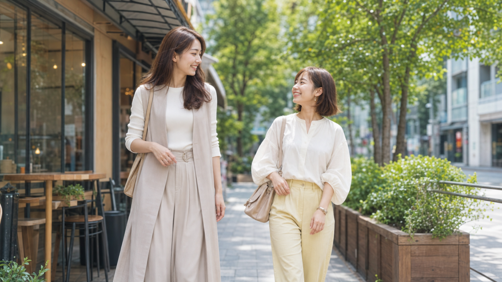 高身長女子と低身長女子が街を歩きながらそれぞれの魅力を自然に見せる様子