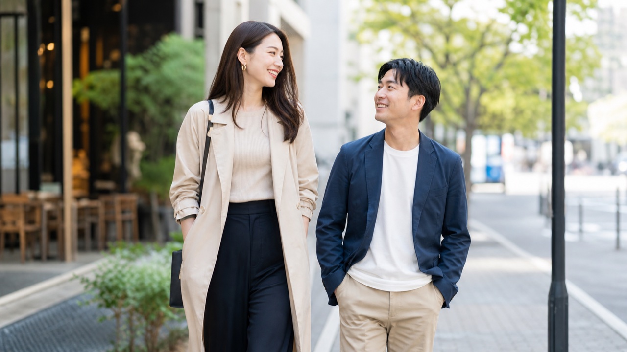 高身長女子と低身長男子カップルが街を歩くイメージ