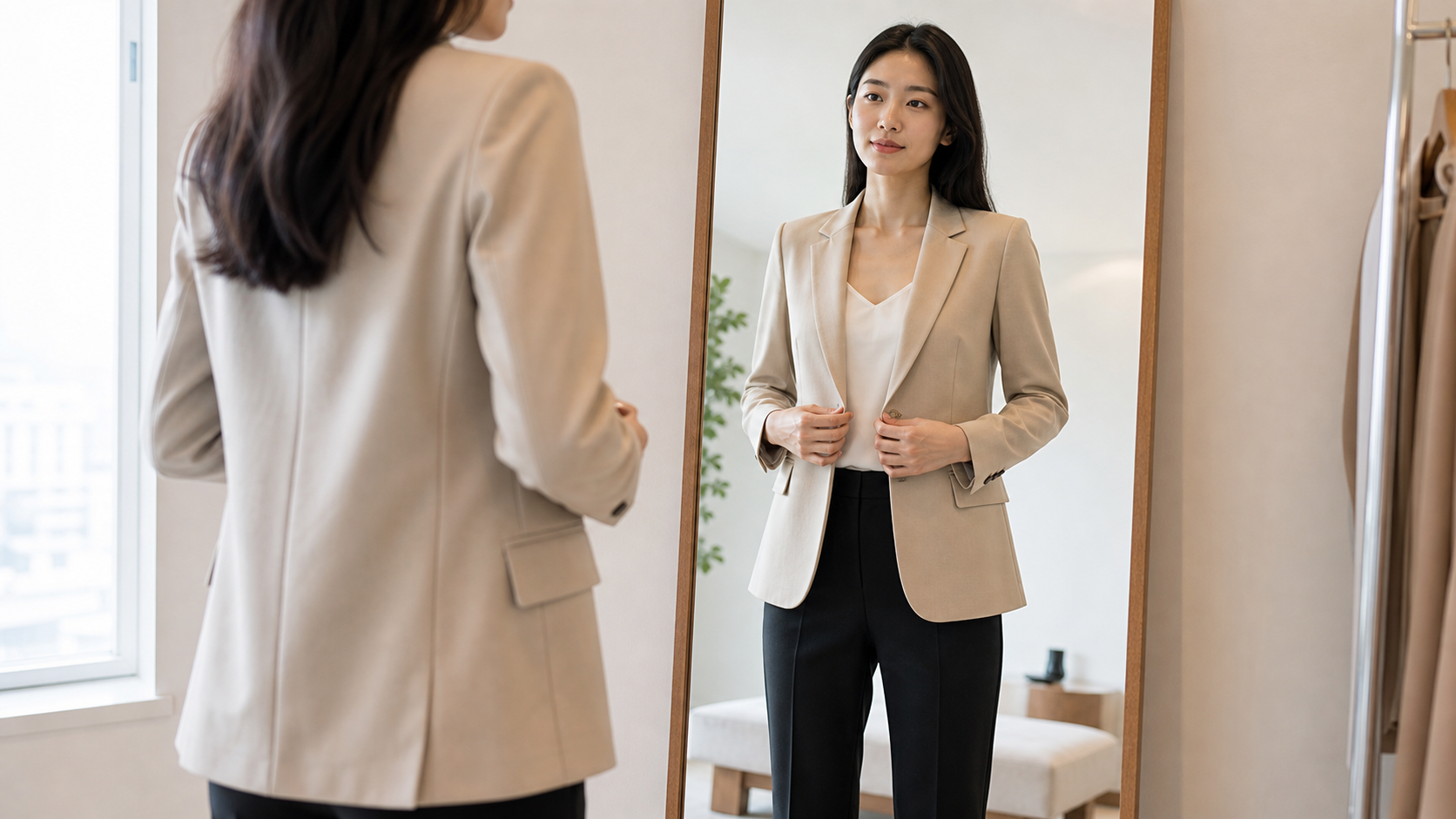 高身長女子が鏡の前でジャケットの袖丈と肩幅を確認するイメージ