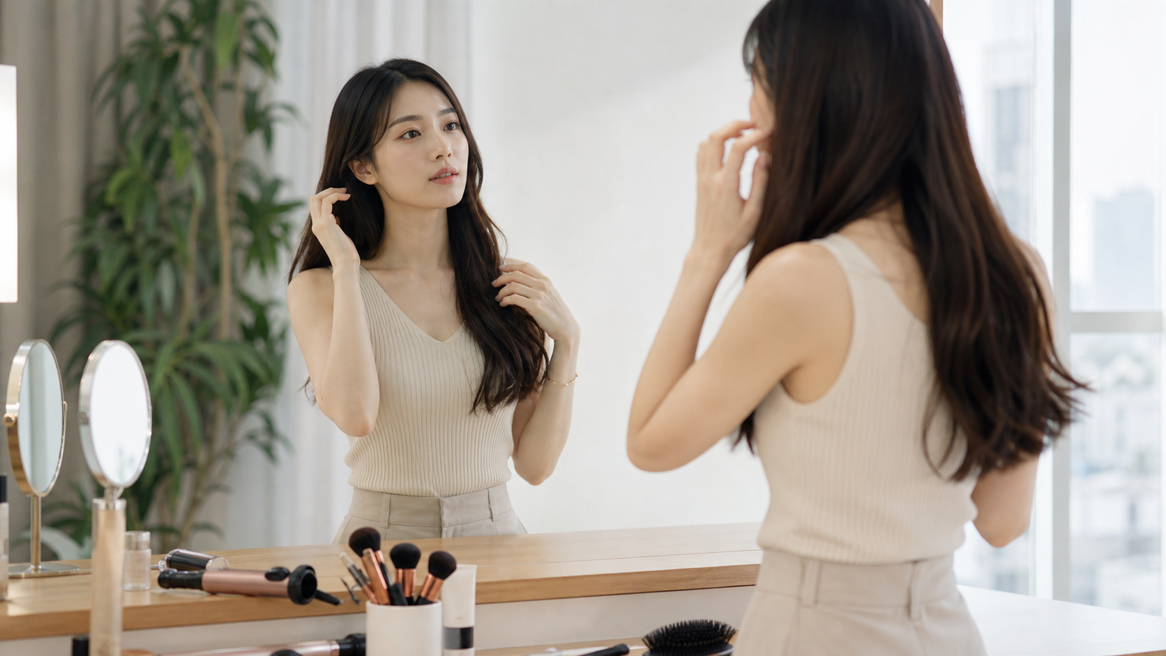 鏡の前で髪型とメイクを整える高身長女子