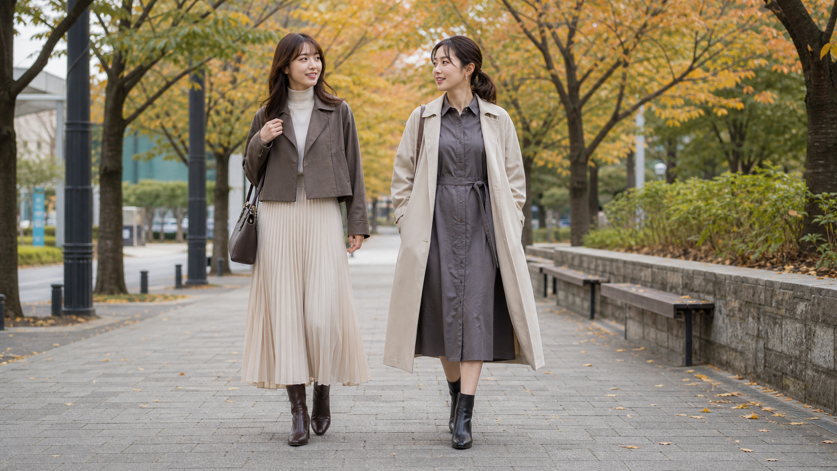 秋の公園でスカートとワンピースの秋コーデを着る高身長女子