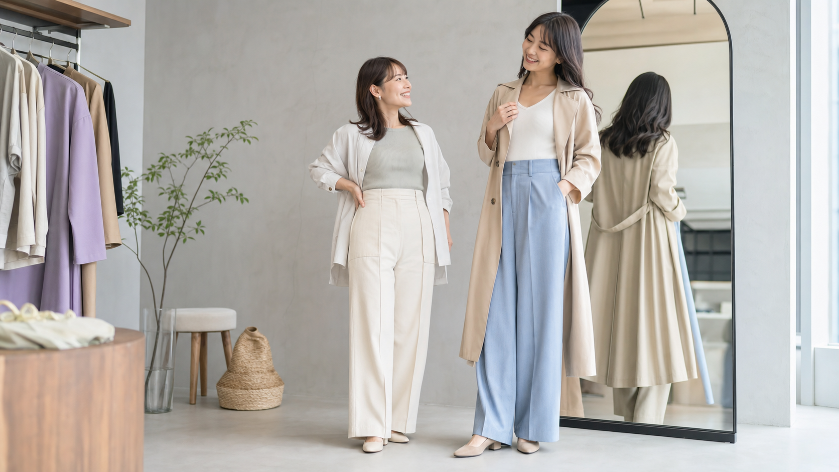 高身長女子と低身長女子が服のシルエットを比べながら魅力を確認する様子
