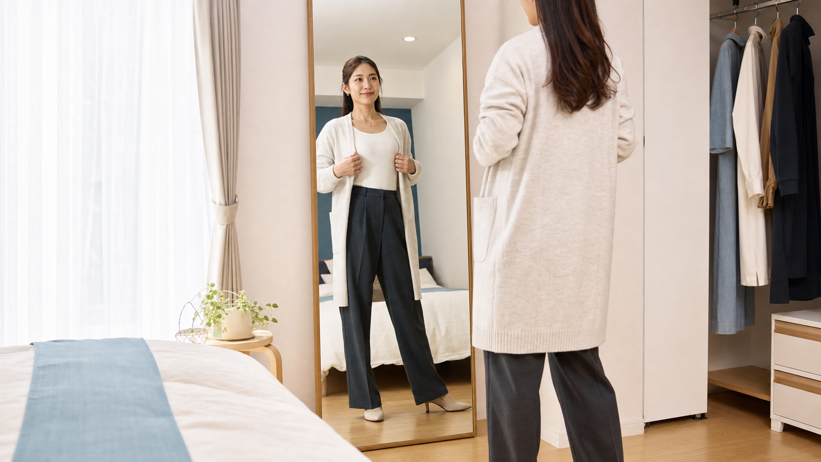 鏡の前で姿勢とコーデを整える高身長女性