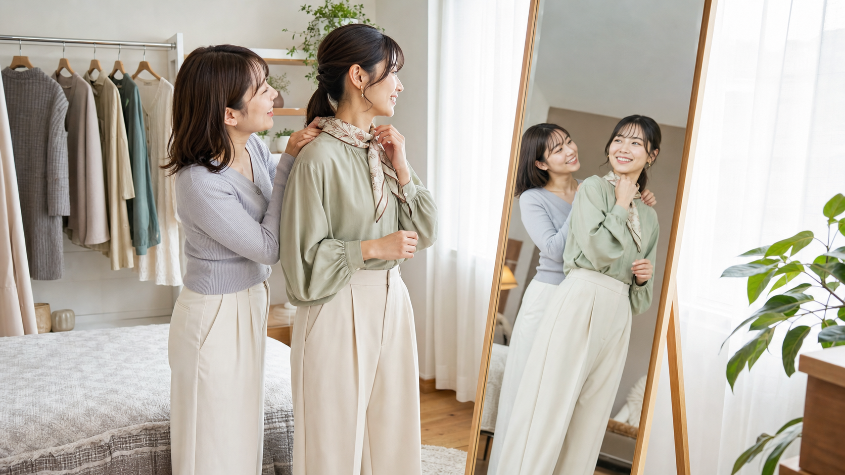 身長の違いを個性として活かすために鏡の前でスタイリングを相談する女性たち