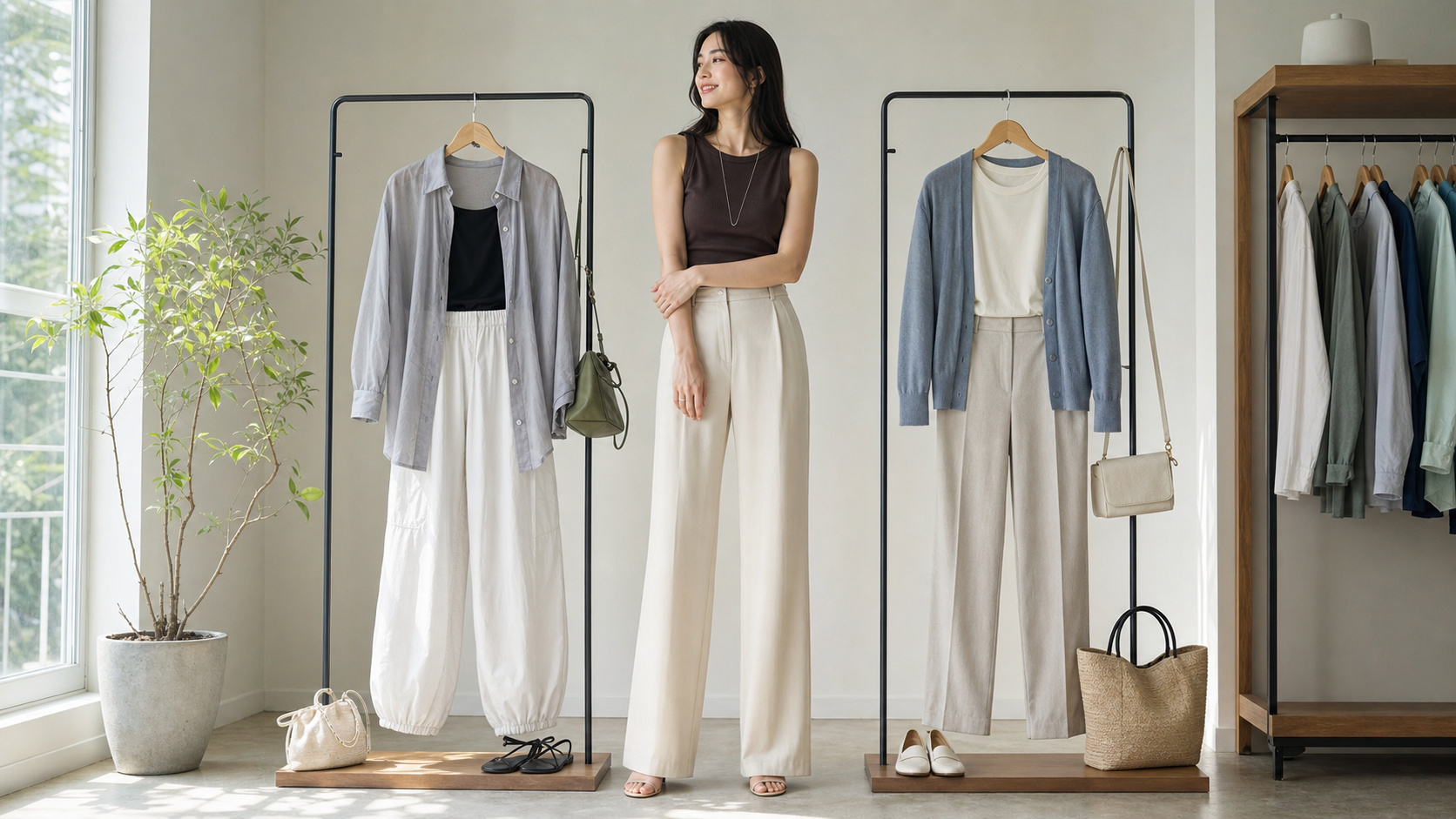 高身長女子がGU風のトレンド服とユニクロ風のベーシック服を比較するイメージ