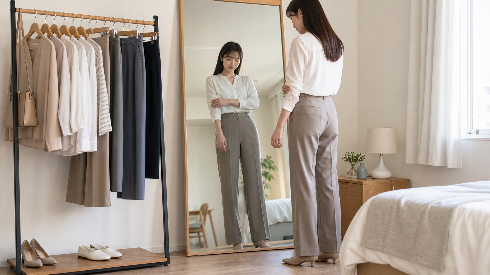 高身長女子が通勤服の袖丈と股下を確認する様子