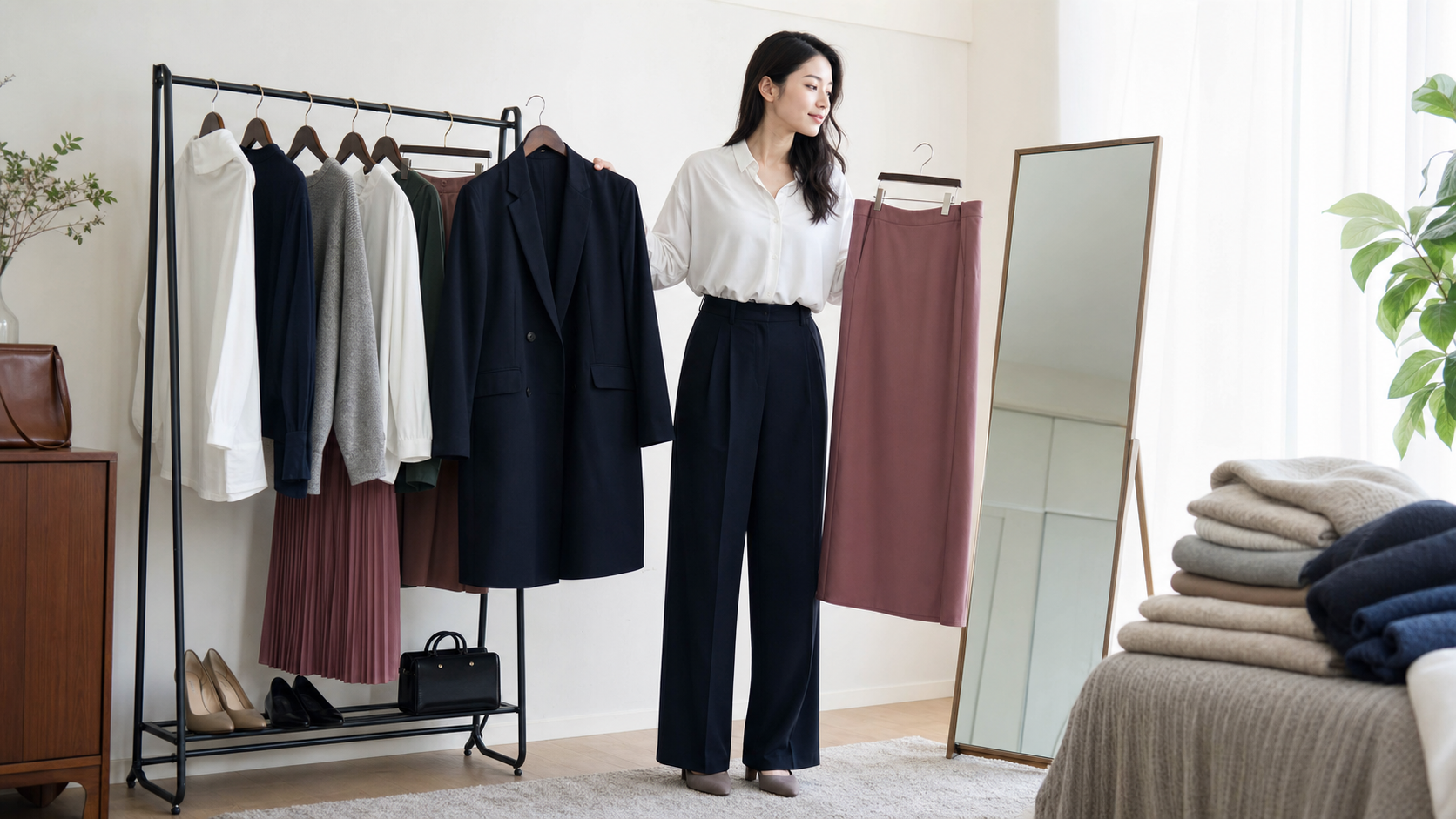 高身長女子が骨格と丈感に合わせて服を選ぶ様子