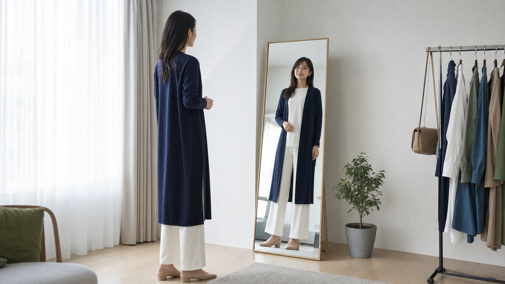 高身長女子がIラインシルエットと姿勢を鏡で確認する様子