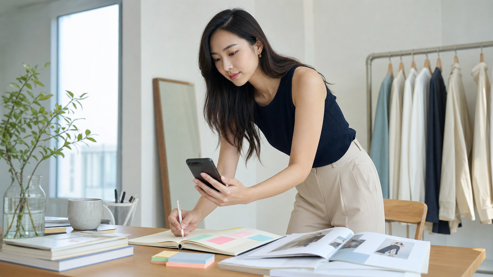 高身長女子がXのハッシュタグ例をノートに整理する様子