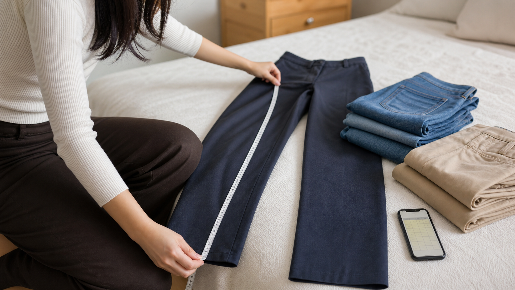 高身長女子がパンツの股下をメジャーで測る様子