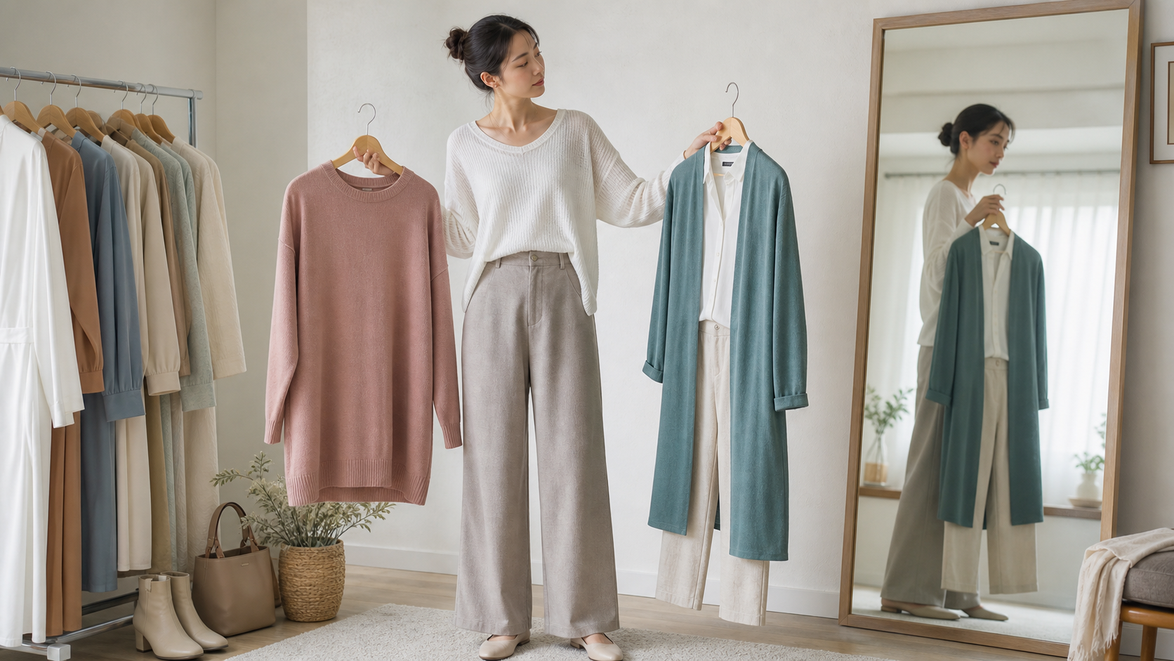 高身長女子がゆるい服とバランスの良い服を比べる様子