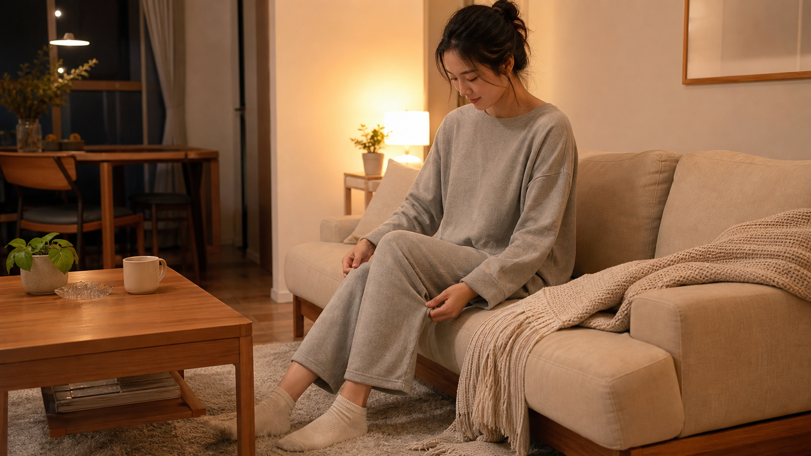 高身長女子がルームウェアの裾丈を確認してくつろぐ様子