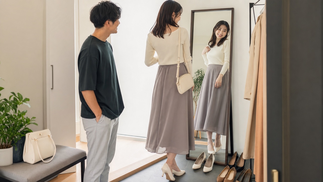 高身長女子がデート前に服と靴を選ぶイメージ