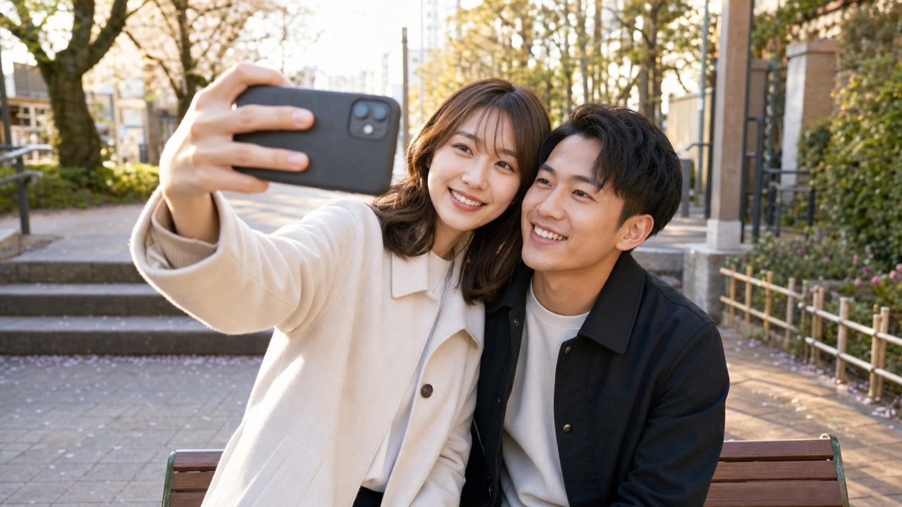 高身長女子と低身長男子カップルが公園で写真を撮るイメージ
