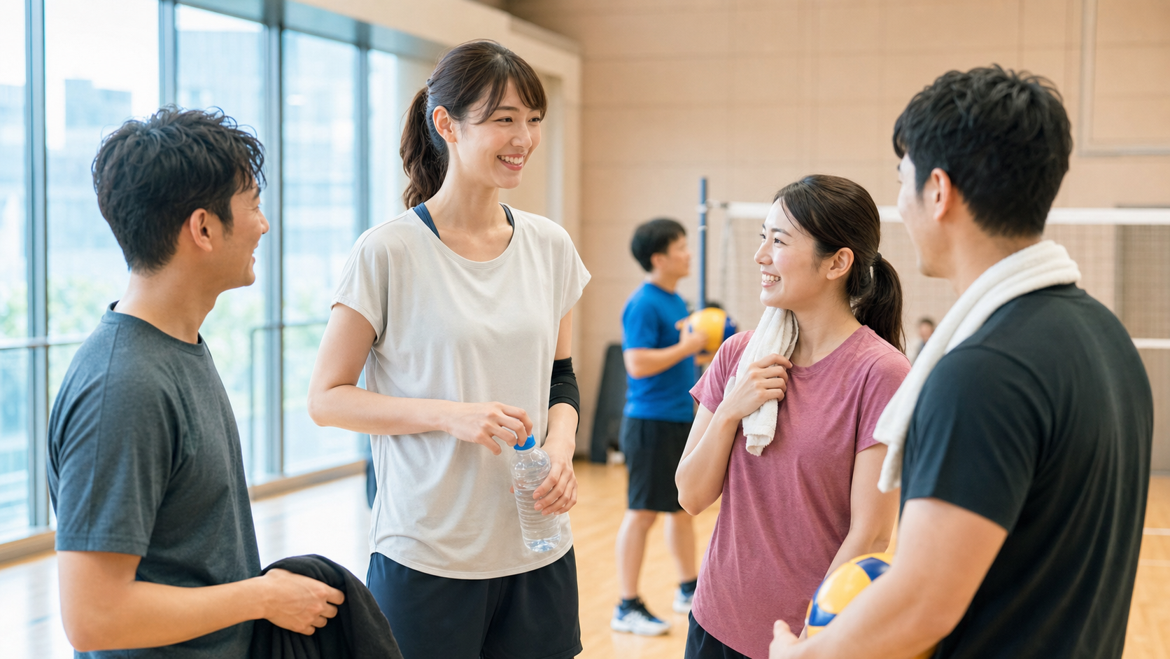 スポーツや趣味の場で高身長女子と自然に会話する様子
