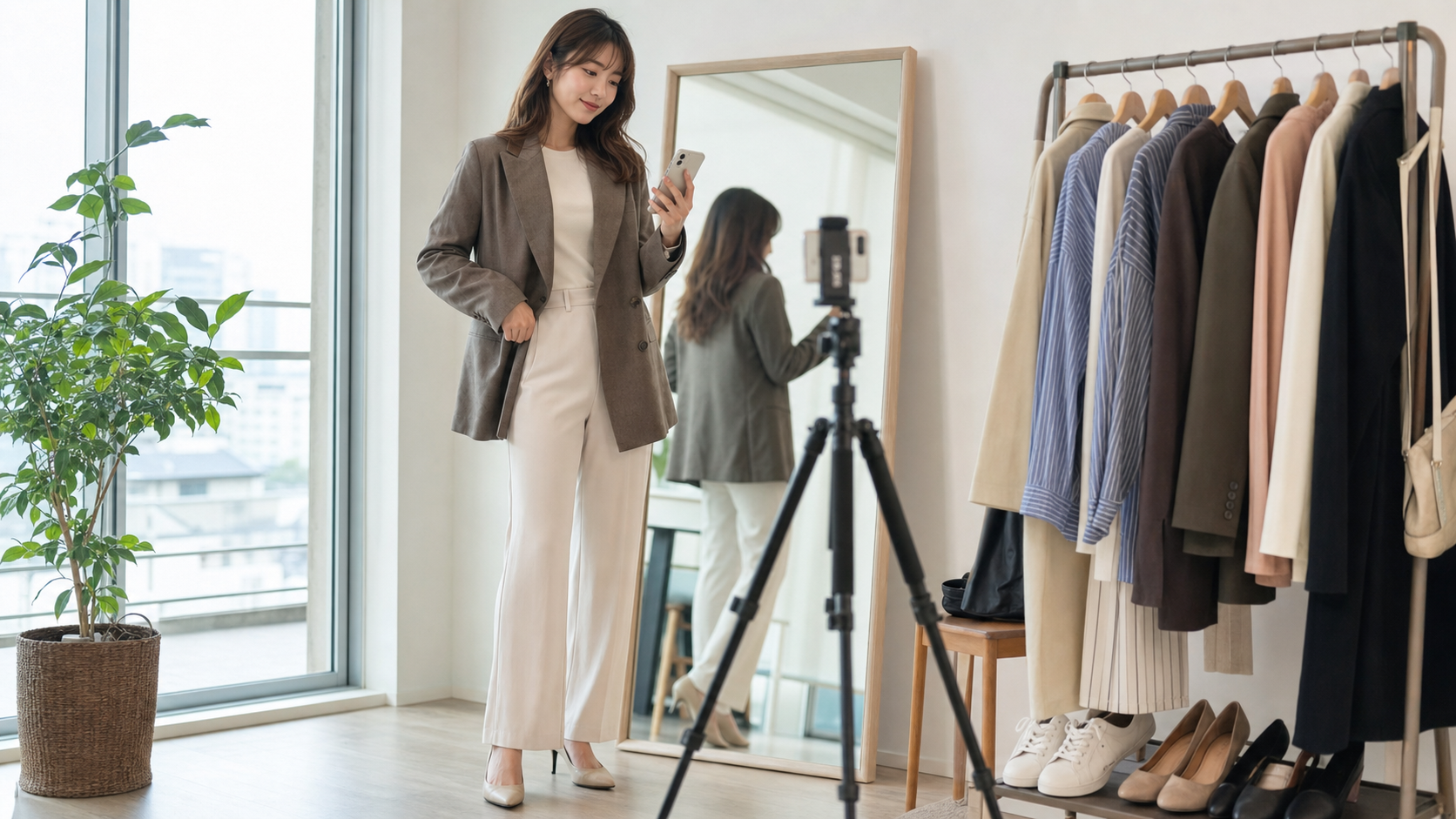 高身長女子が鏡の前でファッション投稿を準備する様子