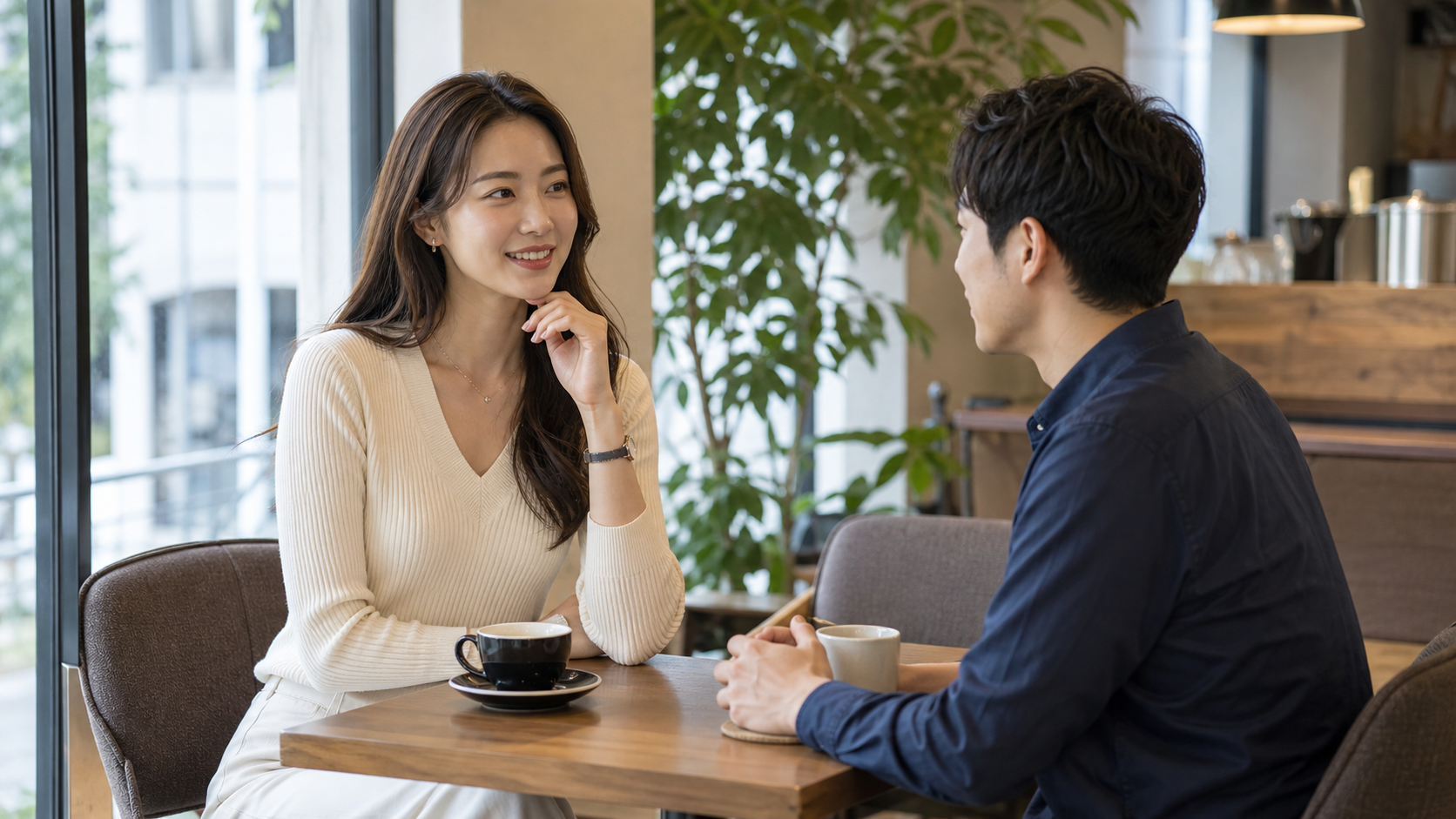 高身長女子とカフェで丁寧に会話する初対面の場面