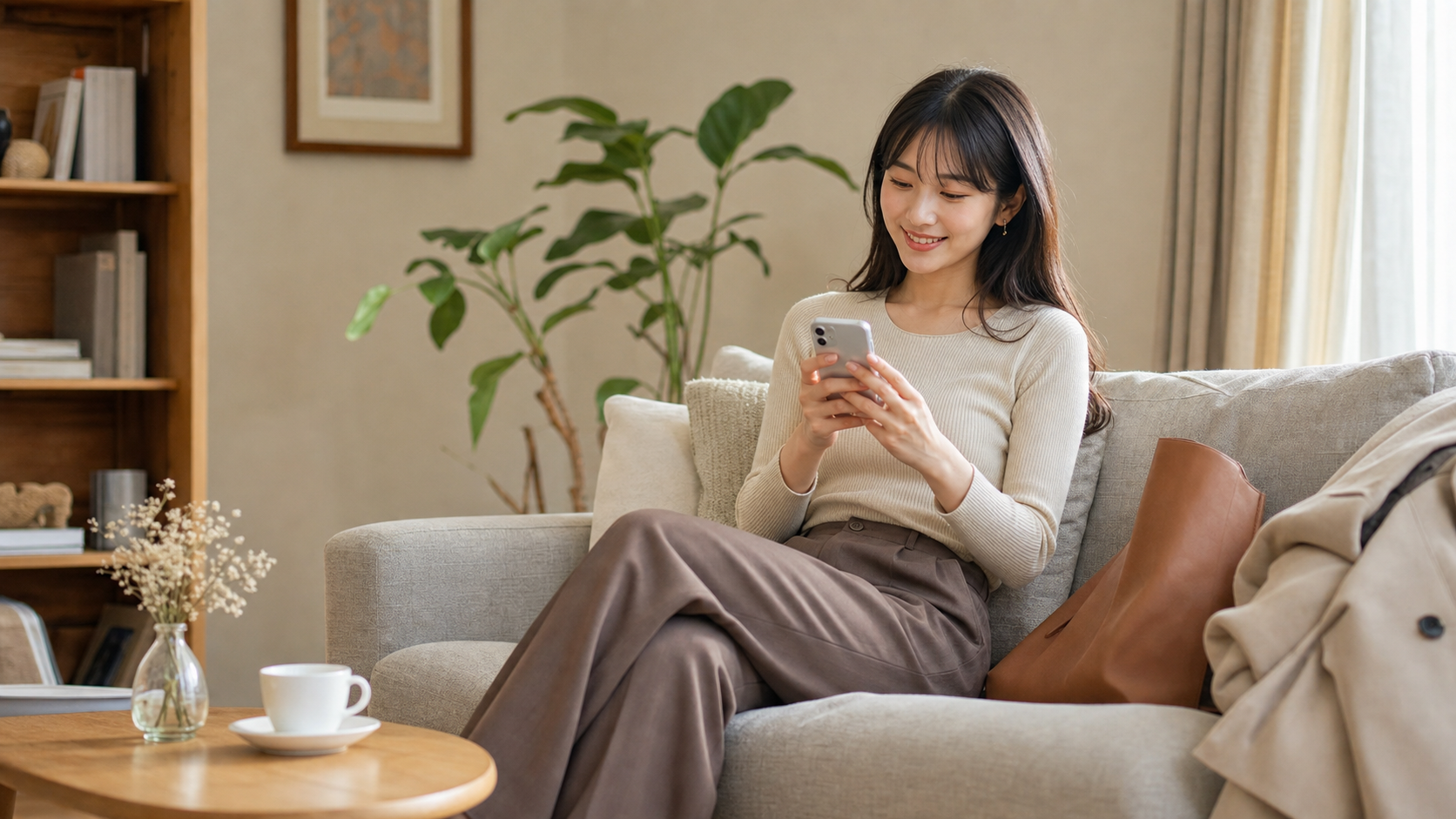 高身長女子が安心してスマホで前向きな投稿を確認する様子