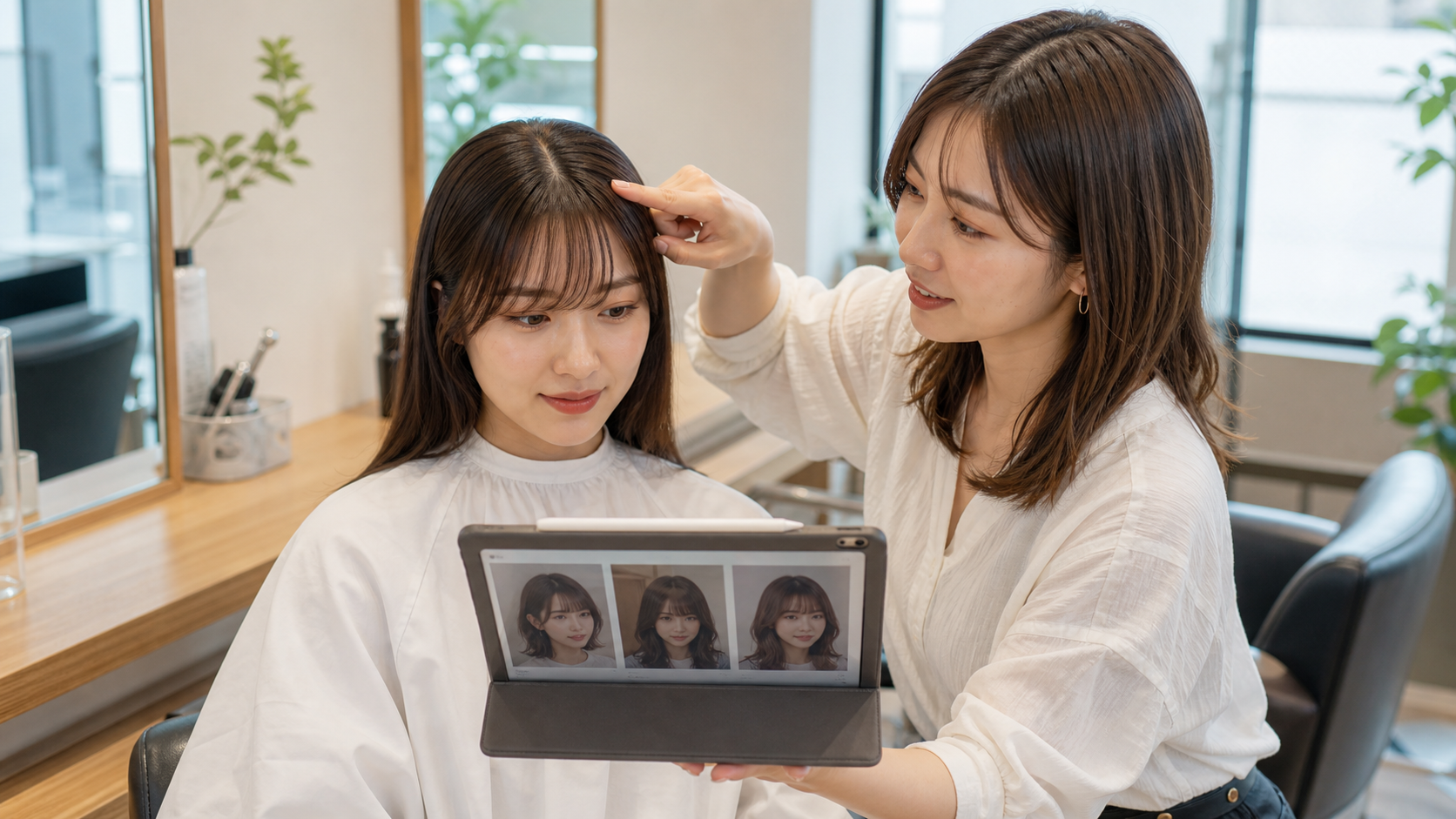 美容室で前髪の長さとサイドバングを相談する高身長女子
