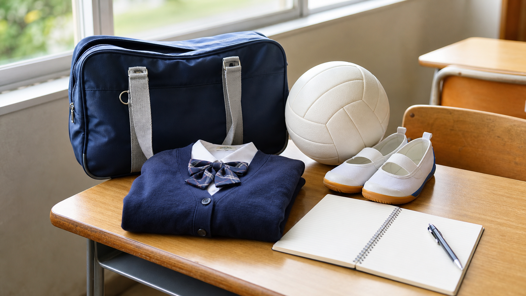 高身長女子中学生の制服や部活の悩みを表す通学バッグと部活道具