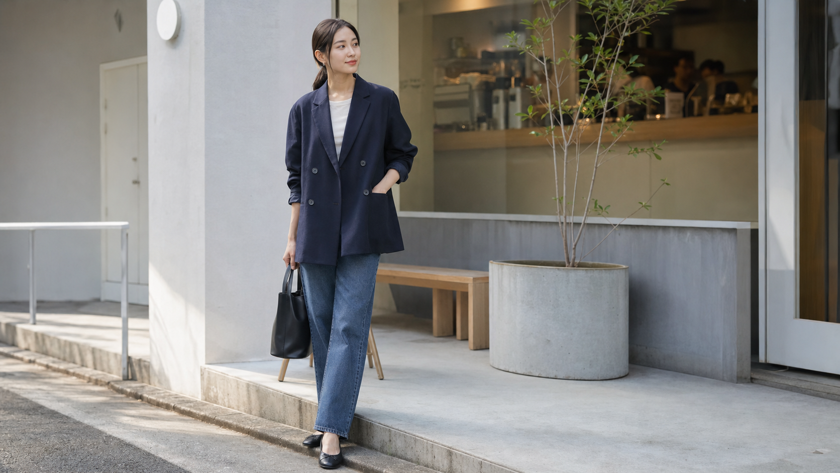 高身長女子がネイビーのジャケットとデニムを合わせたコーデ
