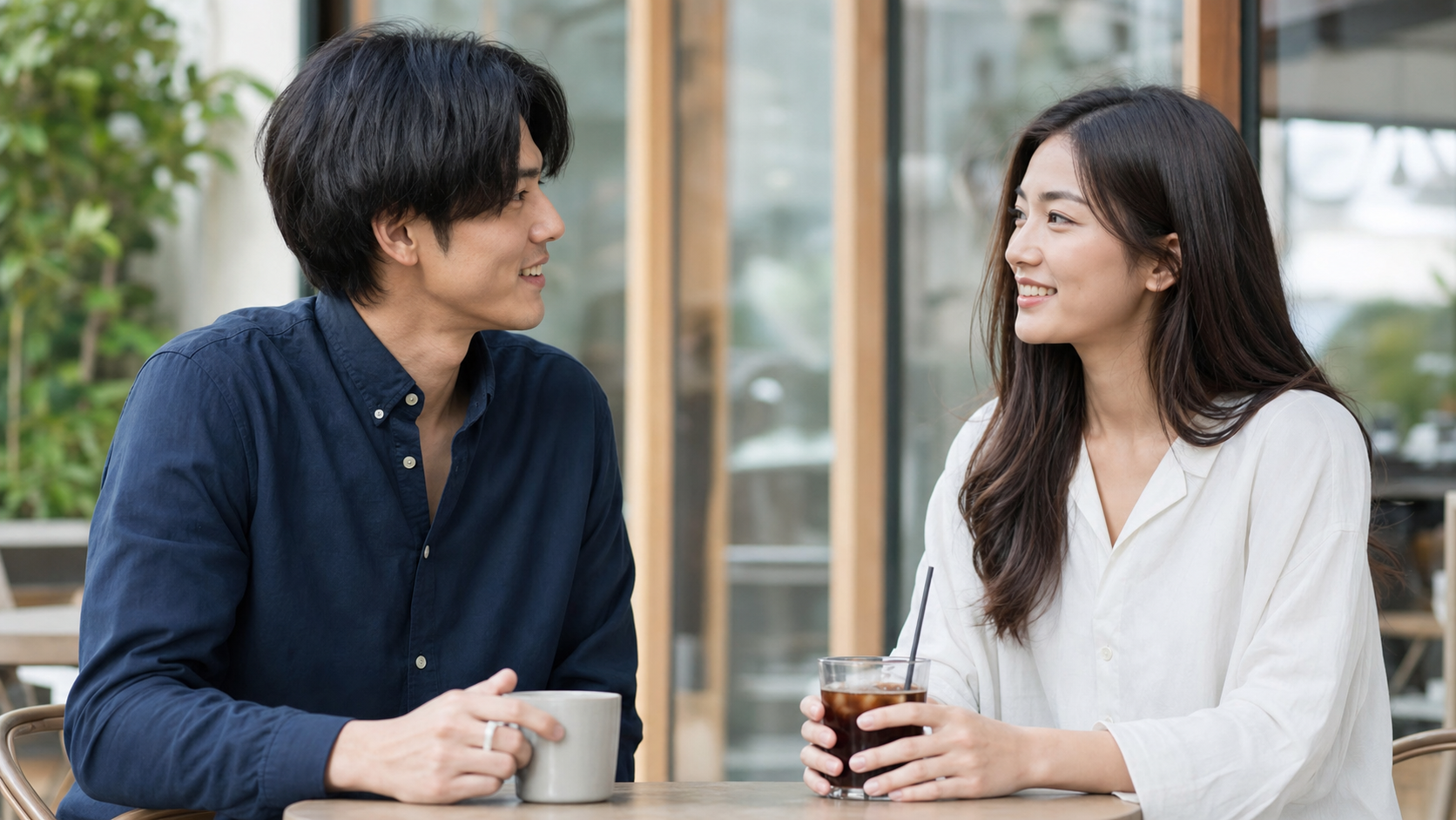 高身長男子と高身長女子が同じ目線で会話する様子