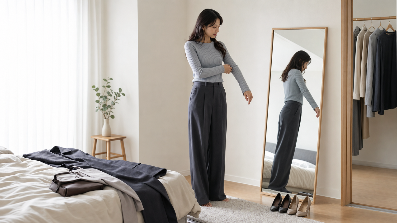 高身長女子が服の袖丈やパンツ丈を鏡で確認している様子