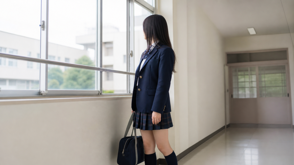 校舎内で自然に立つ高身長女子高校生