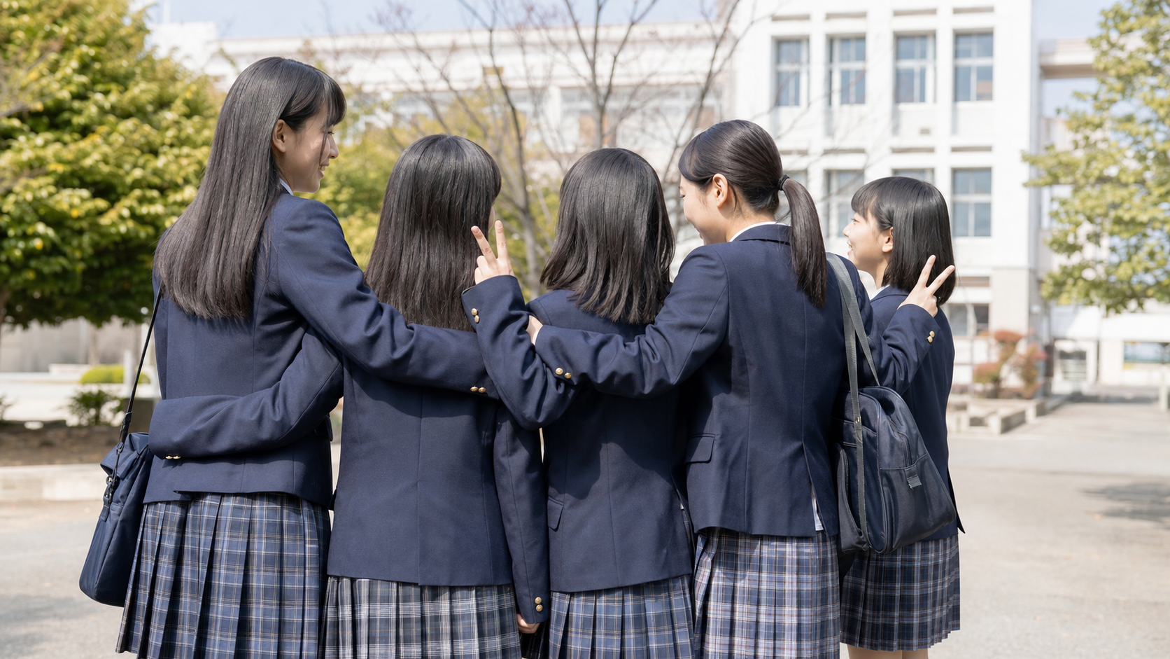 友達との集合写真で自然に写る高身長女子高校生