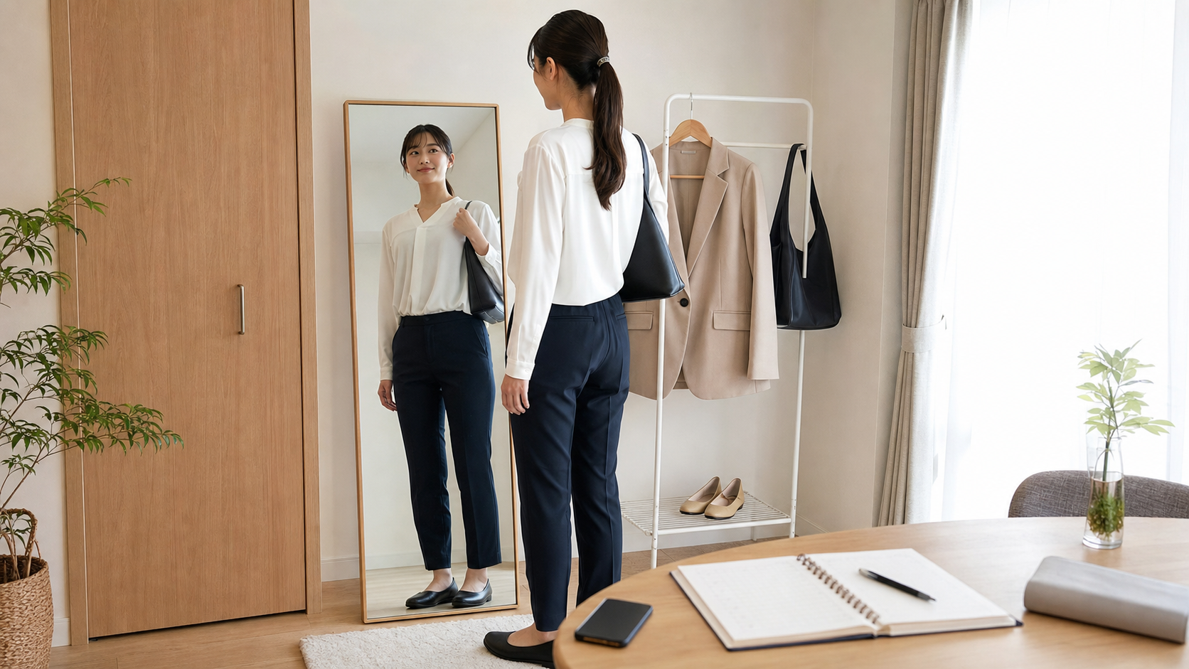 高身長女子がバイト面接前に服装と姿勢を確認する様子