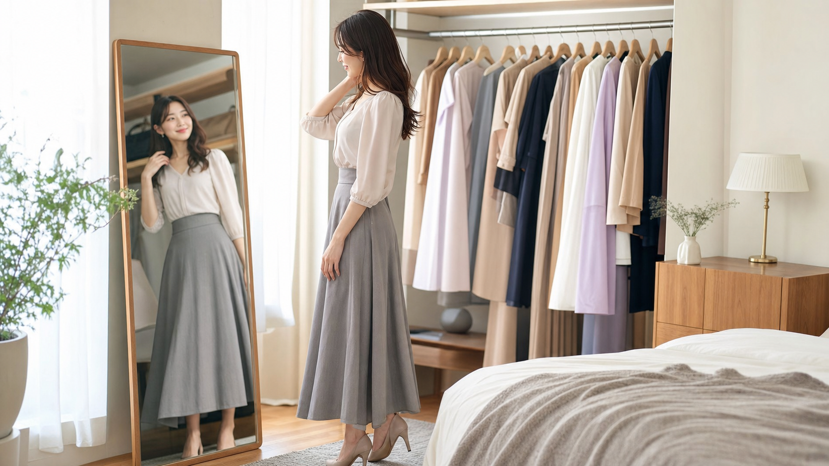 高身長女子が骨格ウェーブ向けの服を鏡で確認するイメージ