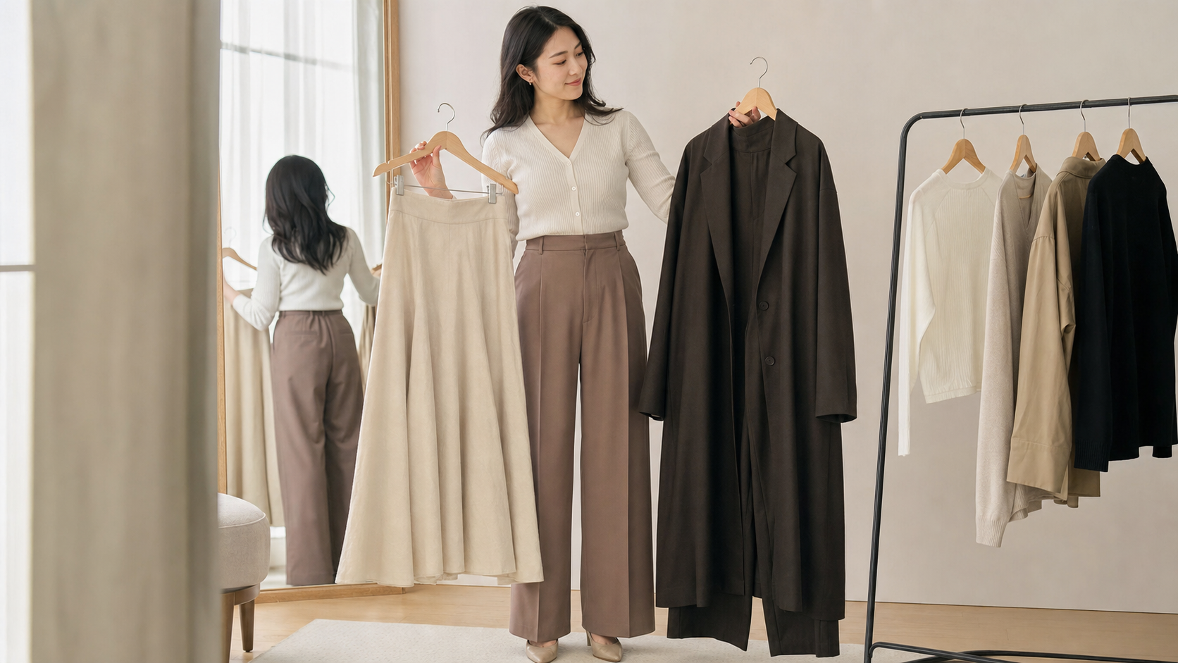 高身長女子が骨格ウェーブに合う軽い服と重い服を比較するイメージ