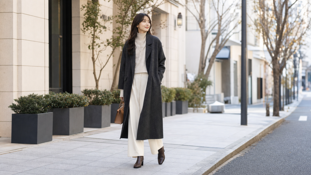 高身長女子がロングコートとフルレングスパンツで冬コーデを着こなす様子