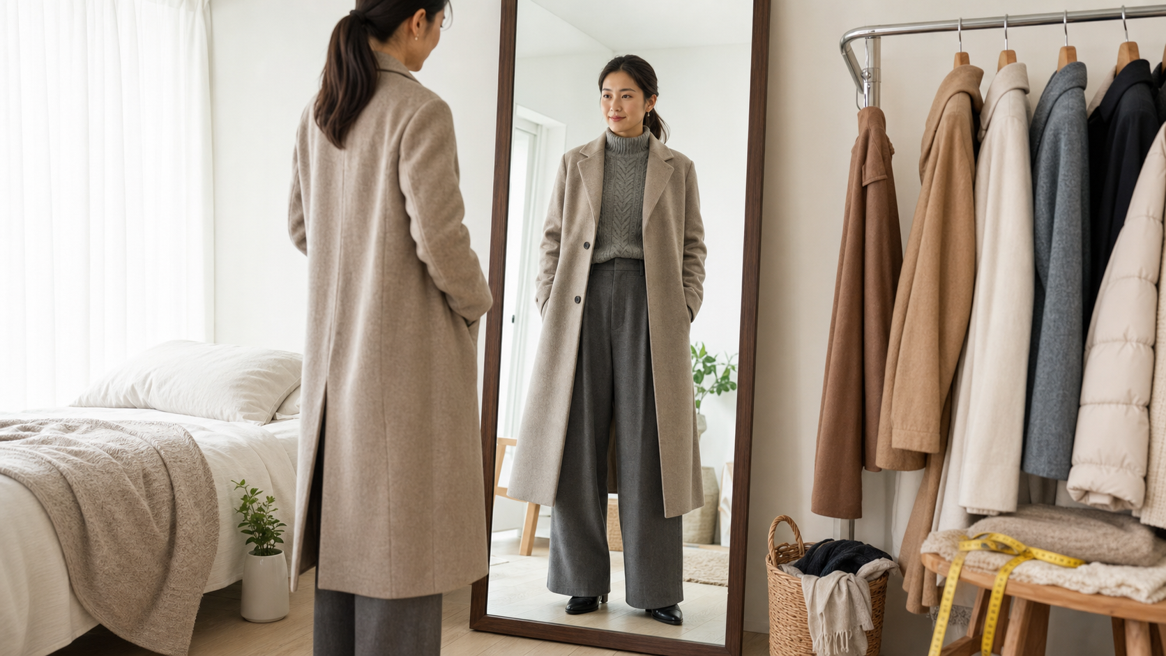 高身長女子が鏡でロングコートとパンツ丈のバランスを確認する様子
