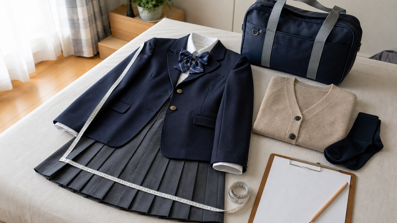 高身長女子中学生が制服の袖丈やスカート丈を確認するための制服とメジャー
