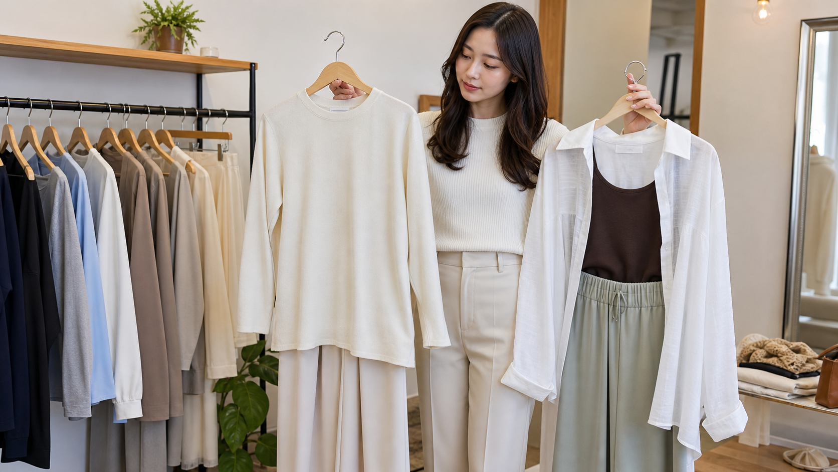 高身長女性がユニクロ風ベーシック服とGU風トレンド服を比較する様子