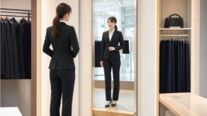 高身長女子が就活スーツを試着して全身の丈感を確認している様子
