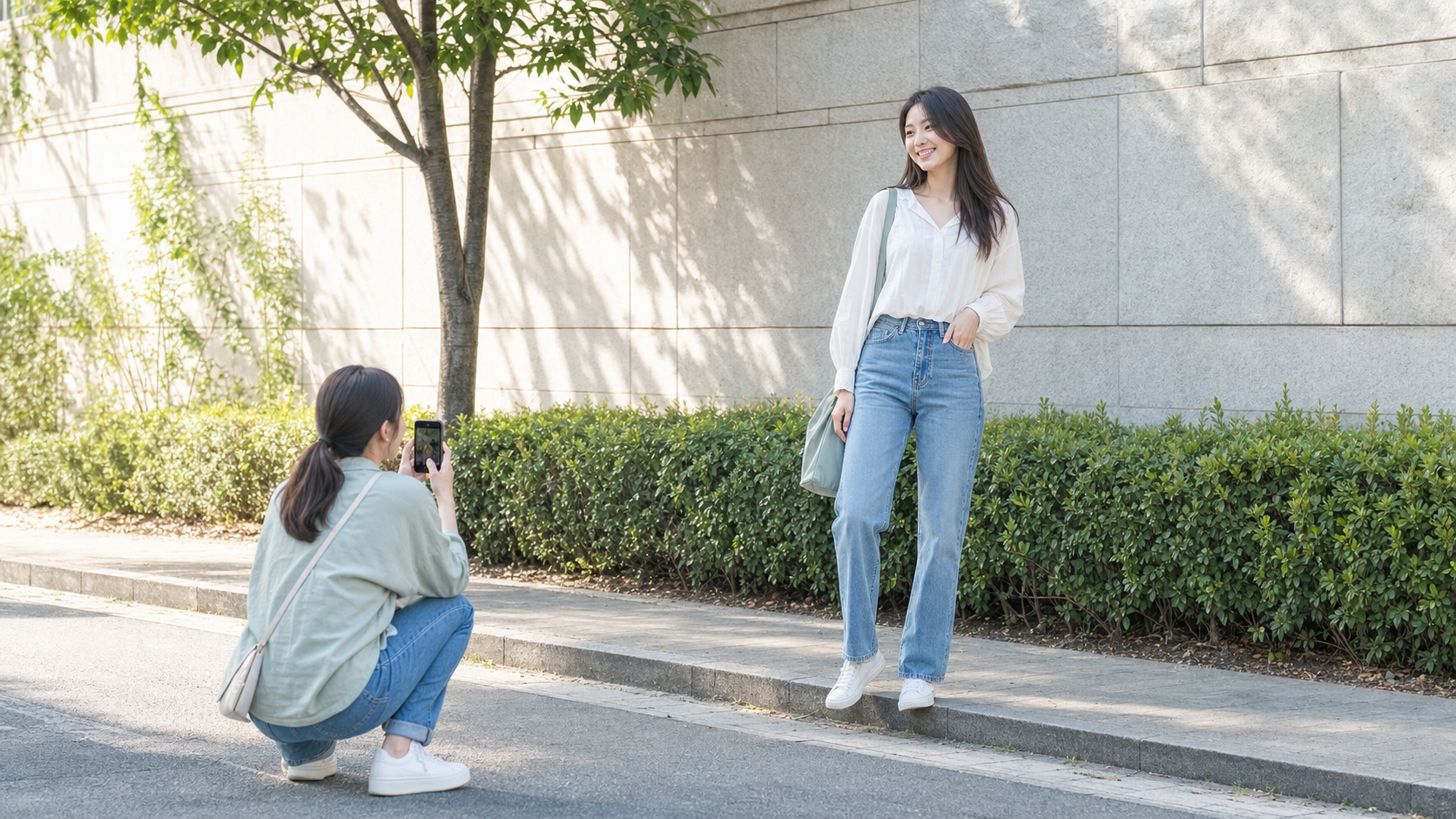 高身長女子の全身写真を自然に撮るカメラ距離と角度