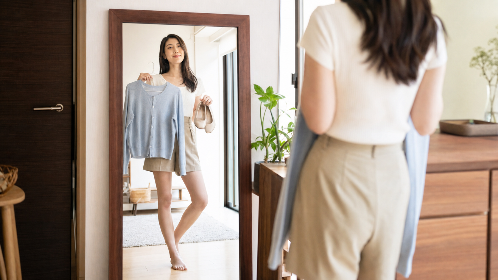 背が高い女性がデート前に服装を選ぶ様子
