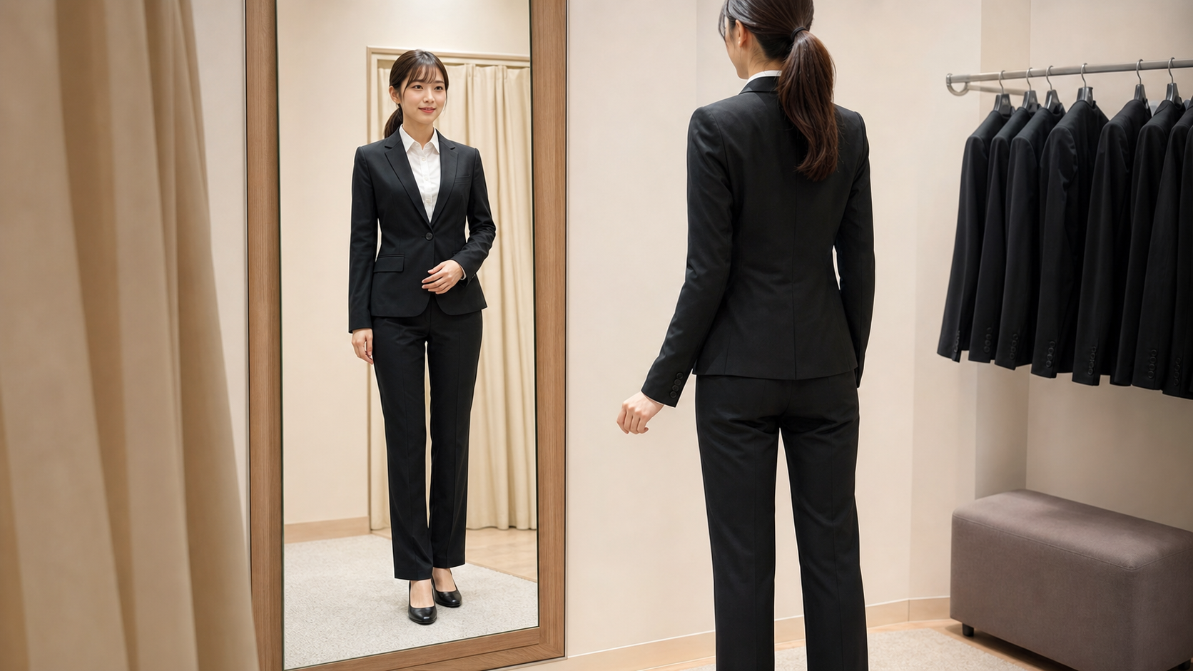 高身長女子が就活スーツの袖丈と肩幅を鏡で確認している様子