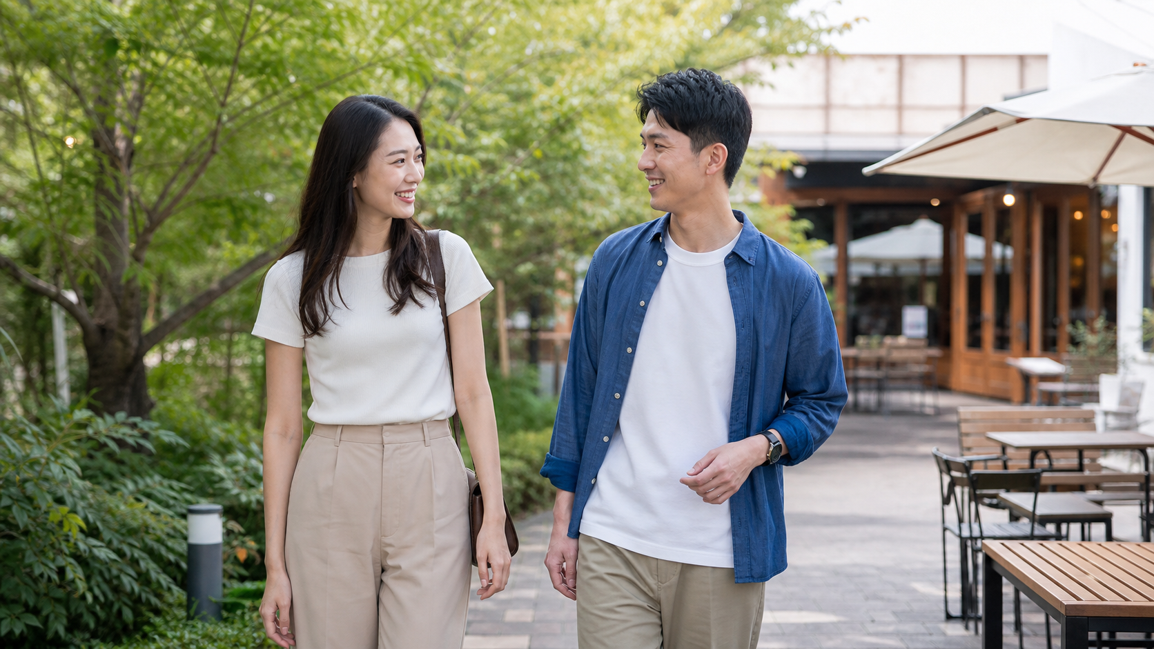 背が高い女性と男性が自然に会話する様子