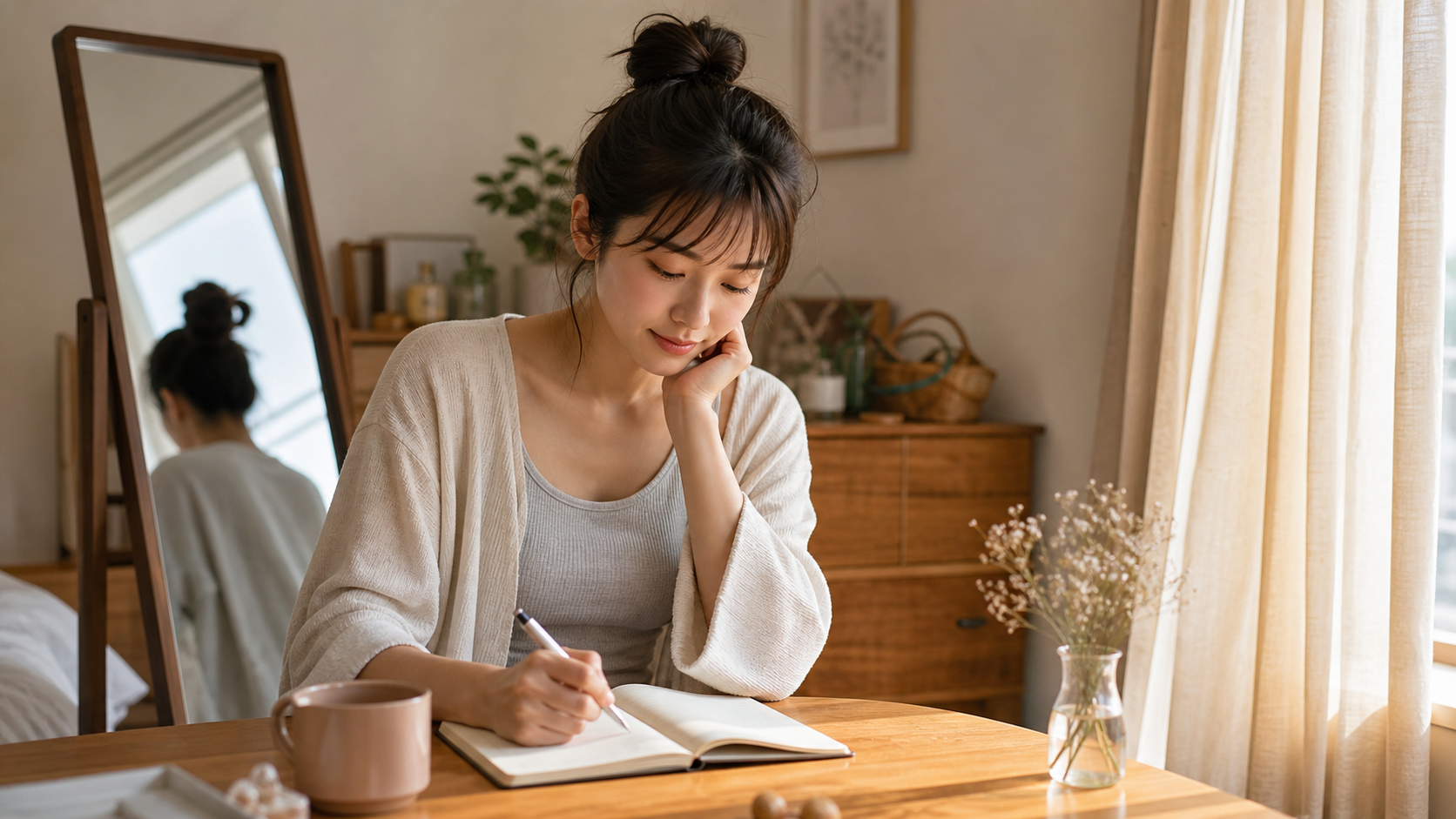 高身長女子が自分の気持ちをノートに書く場面