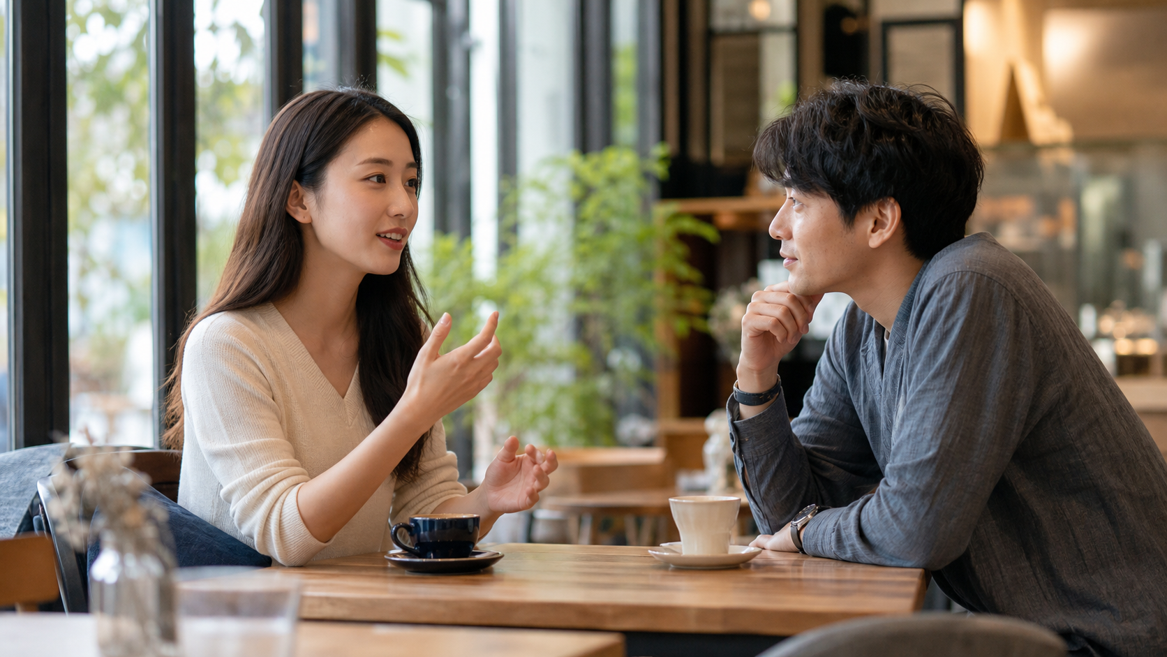 背が高い女性の話を男性が丁寧に聞くカフェの様子