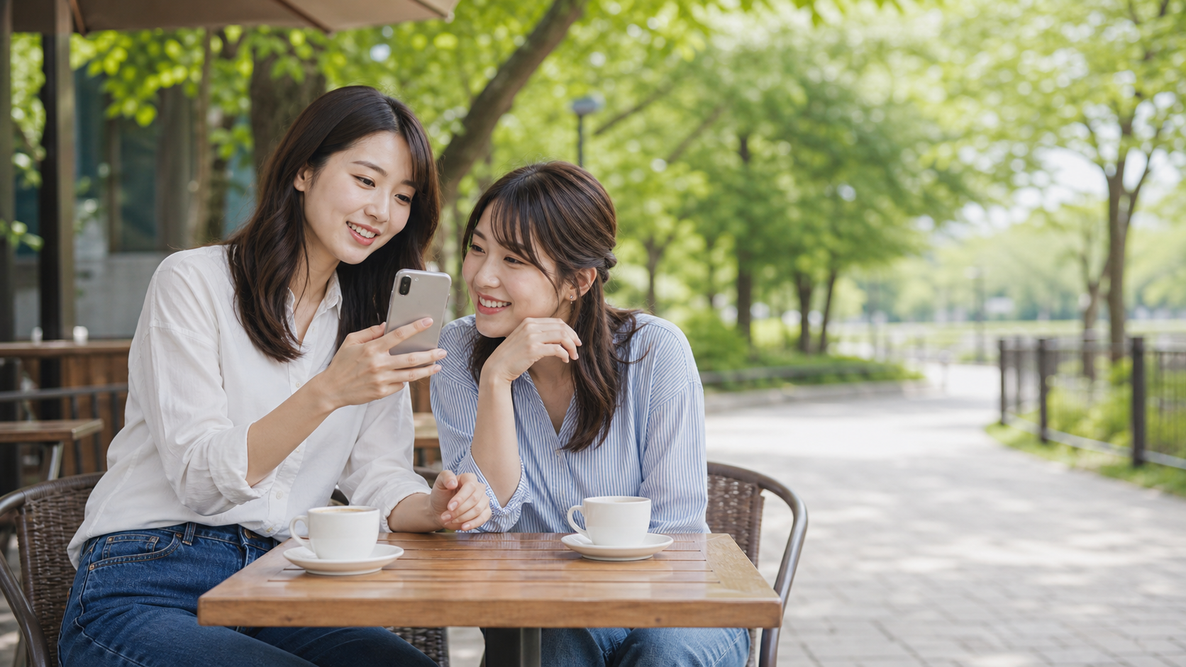 スマホで写真の構図を確認する高身長女子と友人