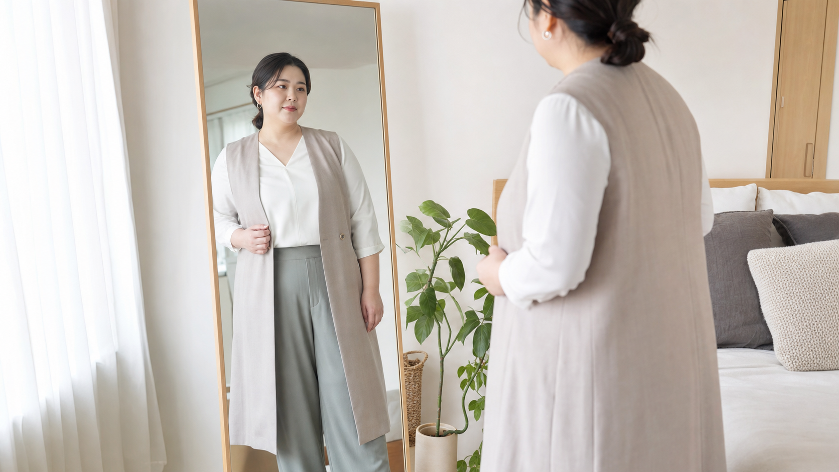 高身長ぽっちゃり女子が鏡で縦ラインのシルエットを確認する様子